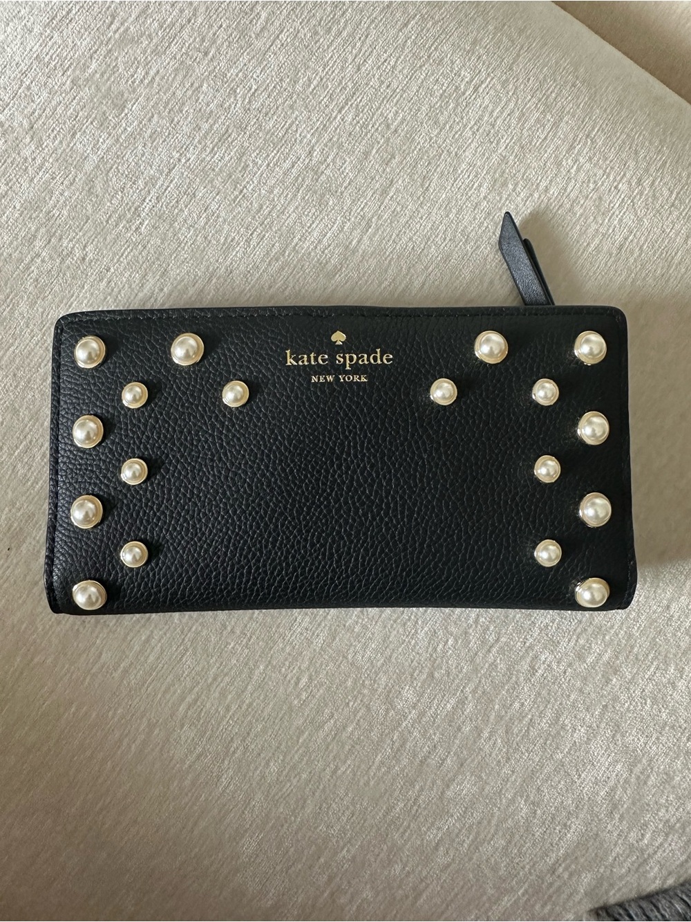 kate spade black pearl-studded zip-around wallet